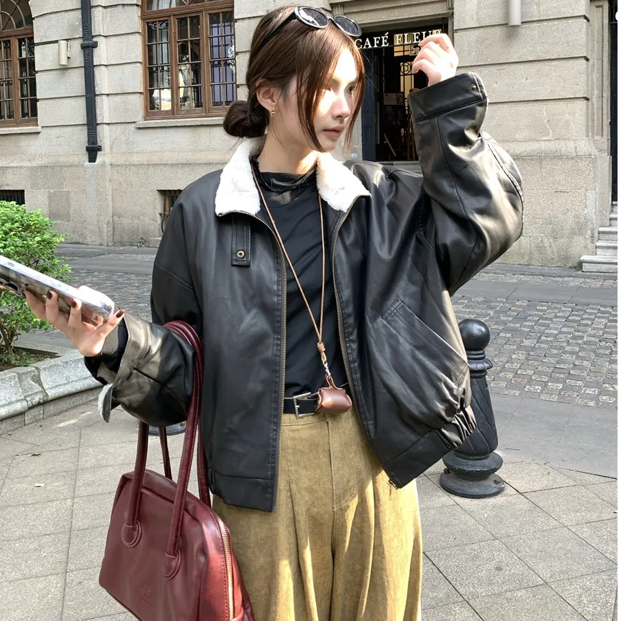 ملابس خارجية نسائية أنيقة أمريكية للدراجات النارية Sle Jaet Thiened من فراء الأرانب ملابس داخلية فضفاضة ودافئة ملابس خارجية طويلة بسحاب للإغلاق