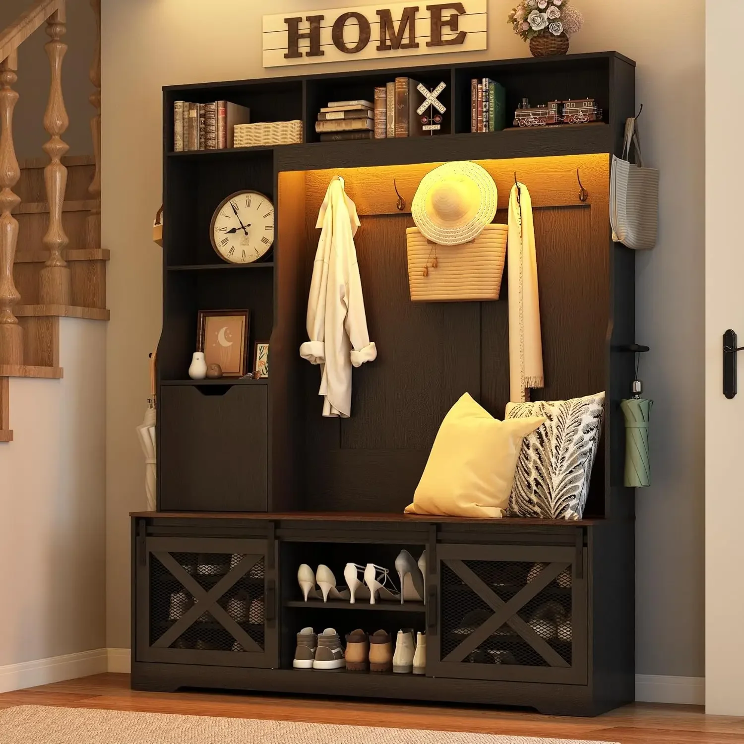 [Discounted Price!Free Shipping!]75''H LED Farmhouse Hall Tree with Bench and Shoe Storage,Entryway Bench with Coat Rack,16 Shoe