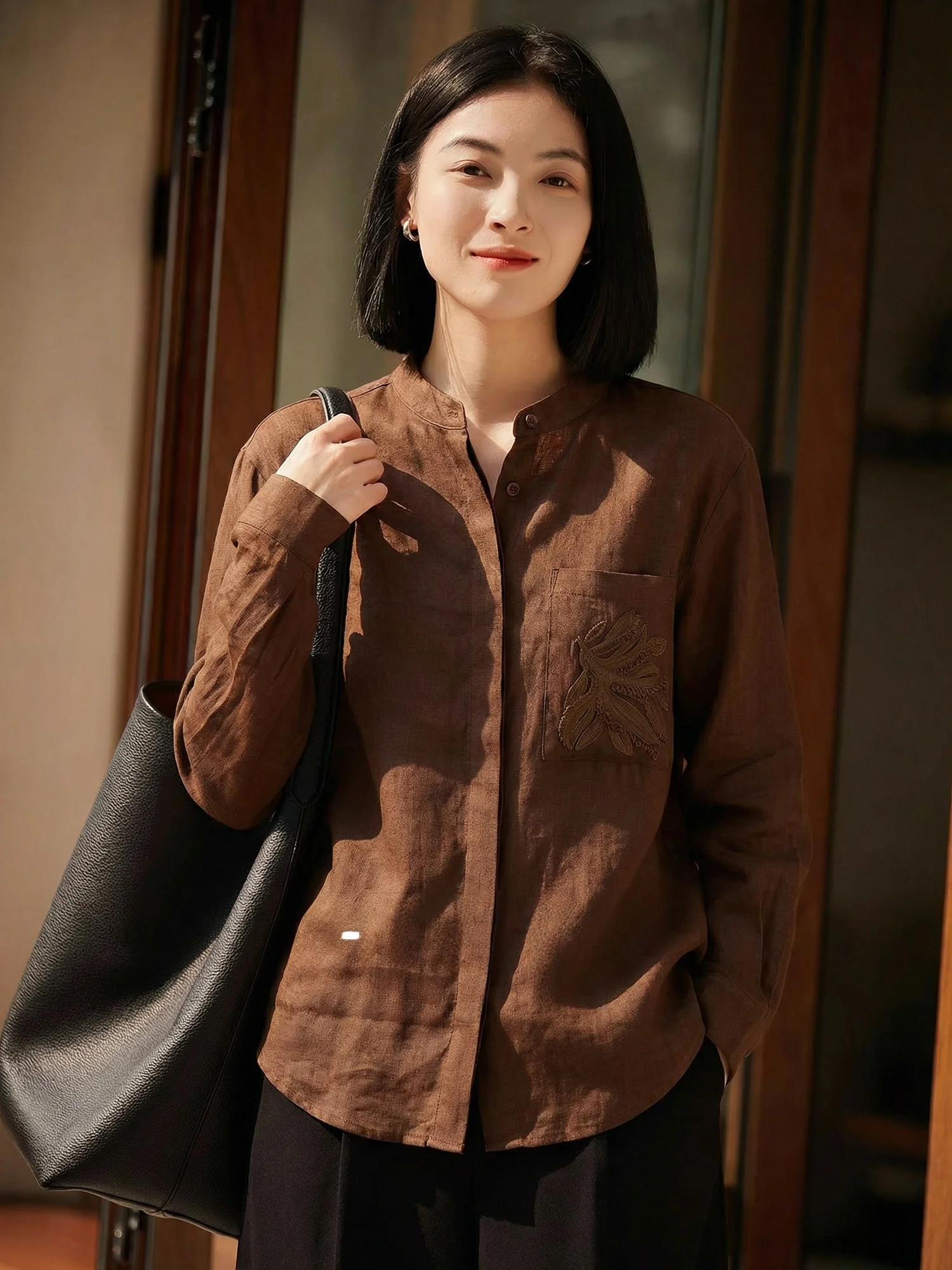 

Ele Loose Fit Long Sve Linen irt Women's Spring Faion round Ne Versatile irt Breathable Comfortable Skin-Friendly