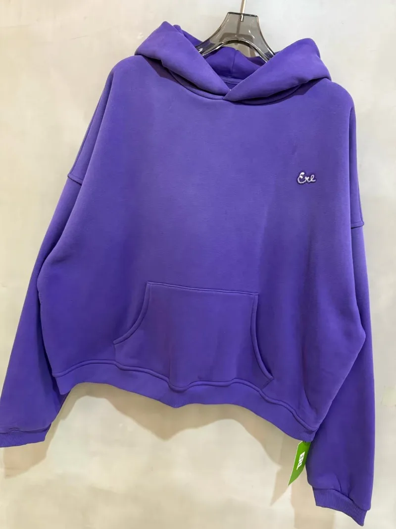 Unisex Vintage ERL Purple Hoodies Men Women Pure Cotton Embroidered Logo ERL Sweatshirts