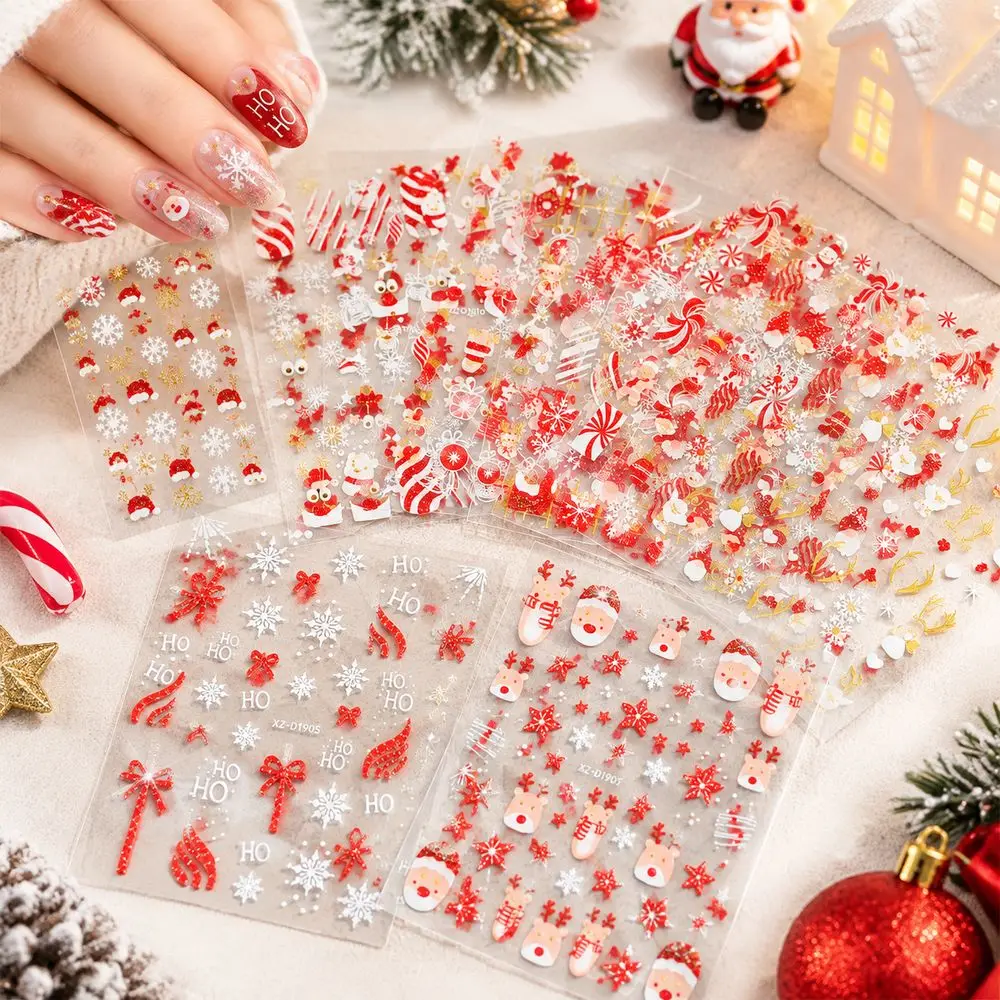12Pcs Lightweight Delicate Nail Decals Gold Foil Red Glitter Reindeer Sleigh Gift Box for Winter Seasonal Celebration Nail Set
