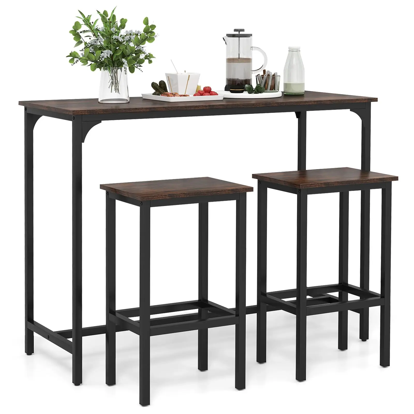 

3-Piece Industrial Bar Table Set With Two Stools, 47.5 Inch Rectangular Counter Height Dining Table For Kitchen Breakfast Nook