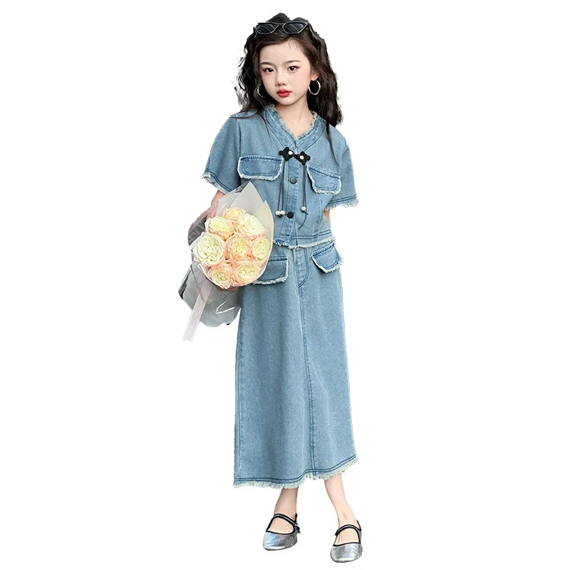 Girls Summer Clothes Set Denim Short Sleeve Tops Skirt Two Pieces Teenage Children Outfits Fashion Blue School Kids Costumes