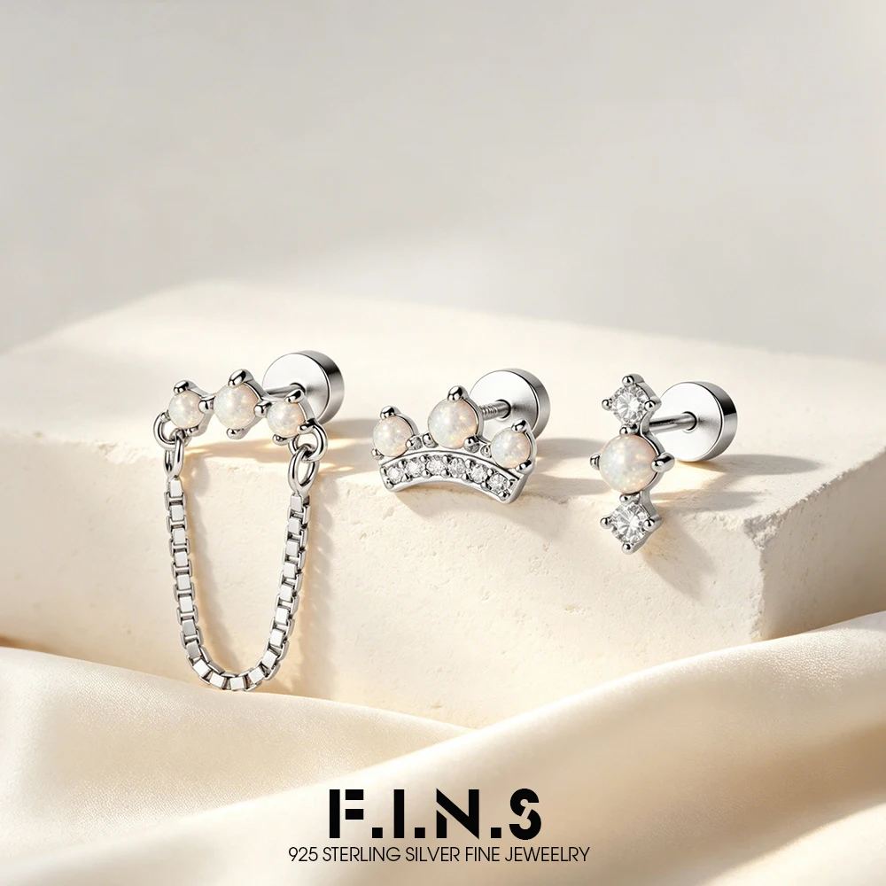 F.I.N.S S925 Sterling Silver Opal Zircon Stud Earring Unique Screw Flat-Head Pierced Ear Studs Stacked Fine Jewelry Anti-Allergy