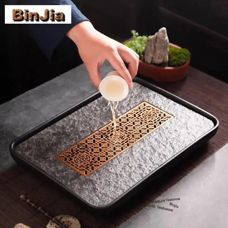 Rectangular Black Stone Texture Tea Tray Dessert Candy Tray Coffee Storage Board Teapot Support Dishes For Serving Tea Items