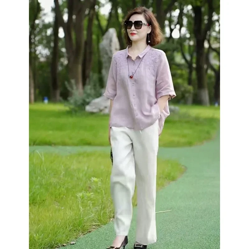 Immagine 6: Camicie floreali ricamate retrò da donna estive Pantaloni a gamba larga solidi Set da due pezzi 2025 Camicetta polo in cotone da donna Pantaloni Abiti