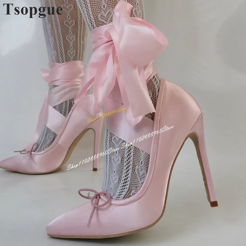 

Gentle Pink Satin Lovely Knot Ribbon Sandals Thin High Heel Women Shoes Lace Up Pointed Toe 2024 Fashion Zapatos Para Mujere