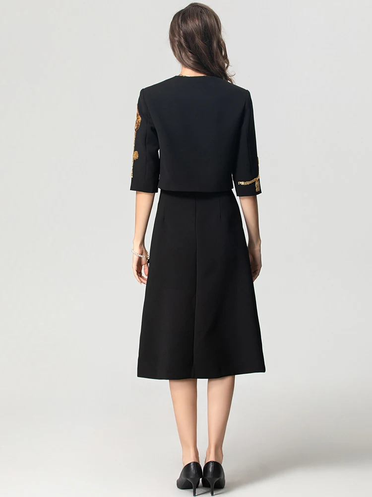 Seasixiang Beading Appliques Suit Women O-Neck Single Breasted Jacket + Skirt Office Lady Two Piece Set Autumn Female New
