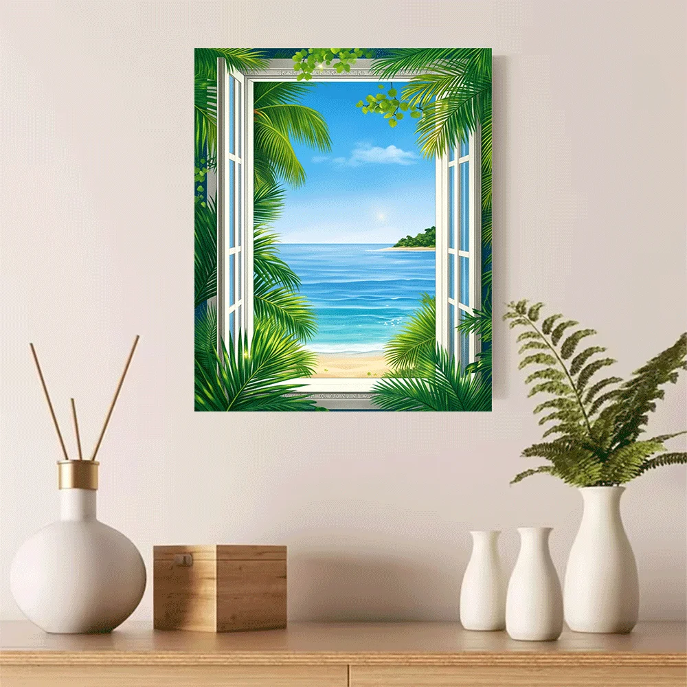 1PC-Canvas poster Unframed  Tropical Beach View Through Window Canvas Art Print  summer