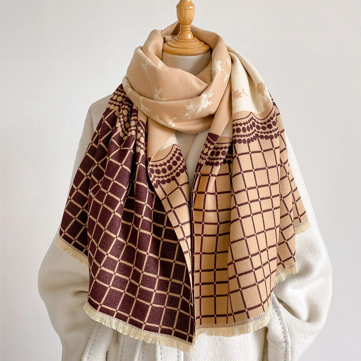 New Soft Faux Cashmere Long Scarf For Women Cream Background Floral Print Contrast Green Grid Reversible Daily Tassel Wrap Scarf