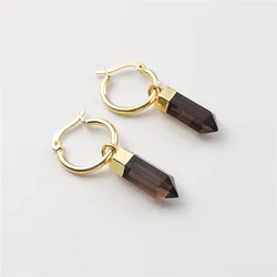 FUWO 1Pair Natural Smoke Quartzs Earrings, Hexagonal Cut ,Round Hook ,Classic Elegant Fashionable,Suitable For Women Gift(ER118