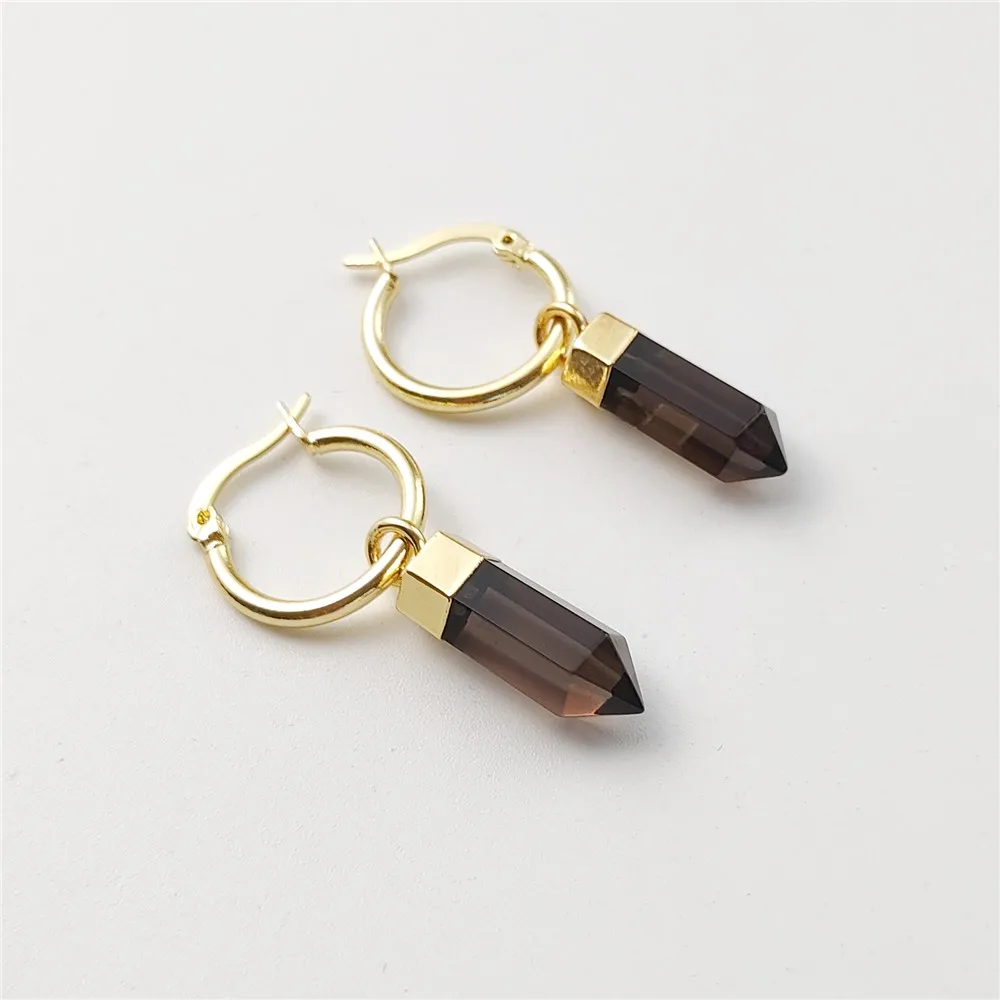 FUWO 1Pair Natural Smoke Quartzs Earrings, Hexagonal Cut ,Round Hook ,Classic Elegant Fashionable,Suitable For Women Gift(ER118）