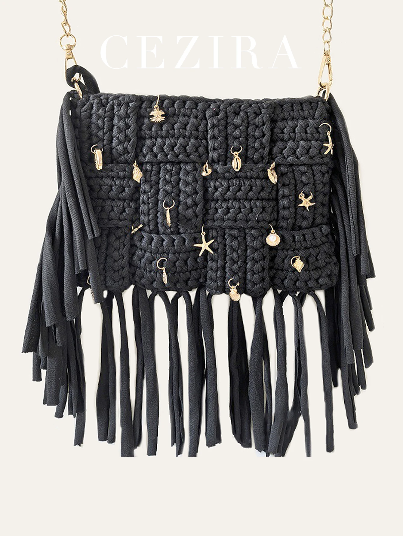 

CR Fashion Tassel Cloth Strip Braided Crochet Square Bag for Women Ocean Element Pendants Decoration Long Chain Cross Body Purse