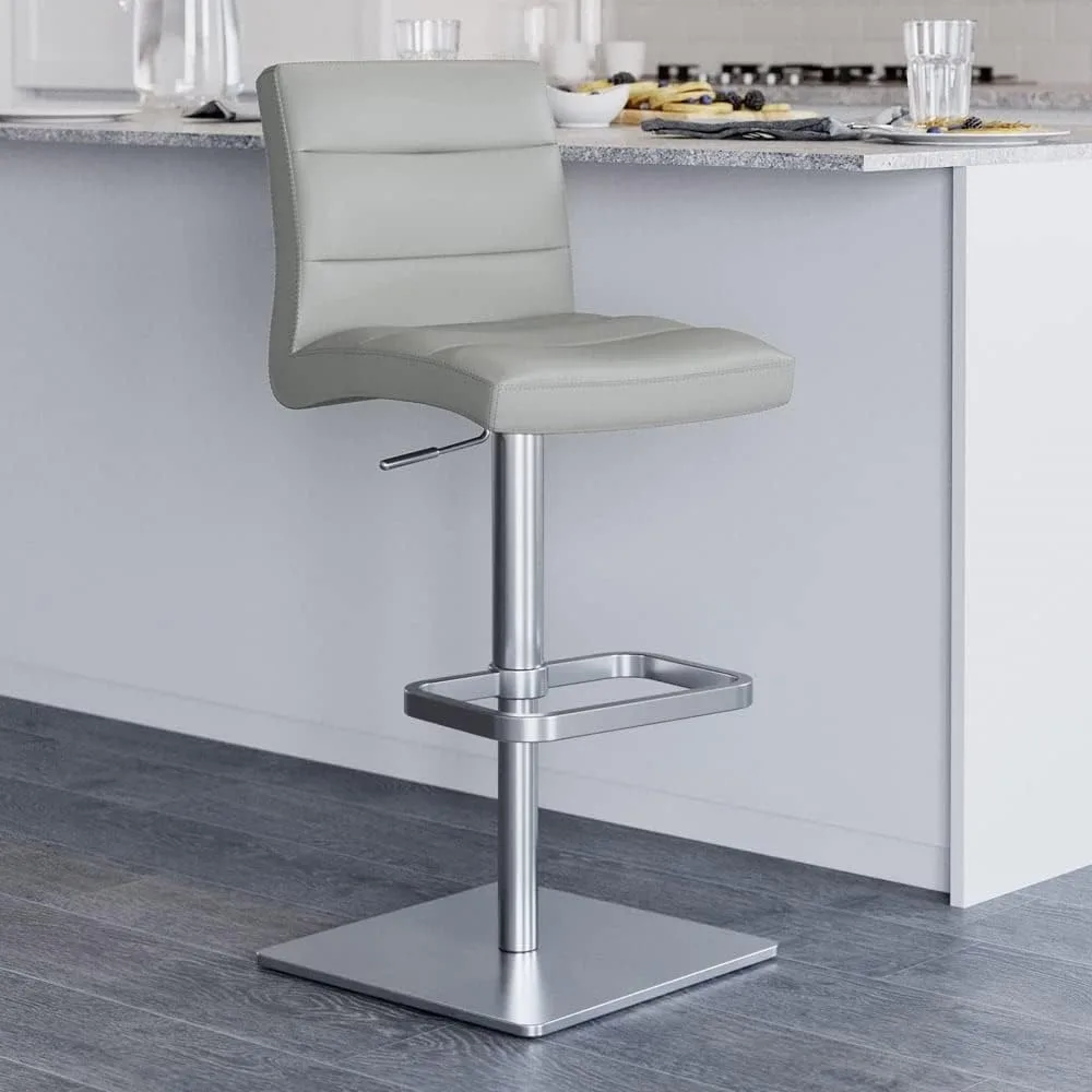 

Modern Adjustable Height Grey Upholstered Bar Stool – Brushed Steel Square Base, Counter Chair for Kitchen Island or Home Bar