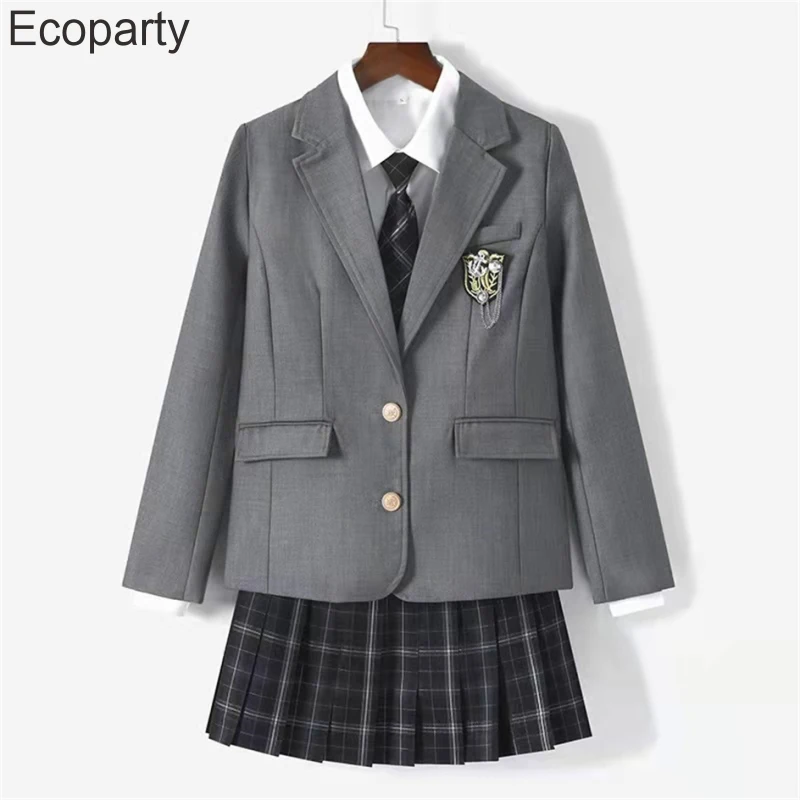 Women\'s Korean Fashion Jk School Uniform Coat Spring Autumn Black Lapel Long Sleeve Jackets With Badges College Style Costume