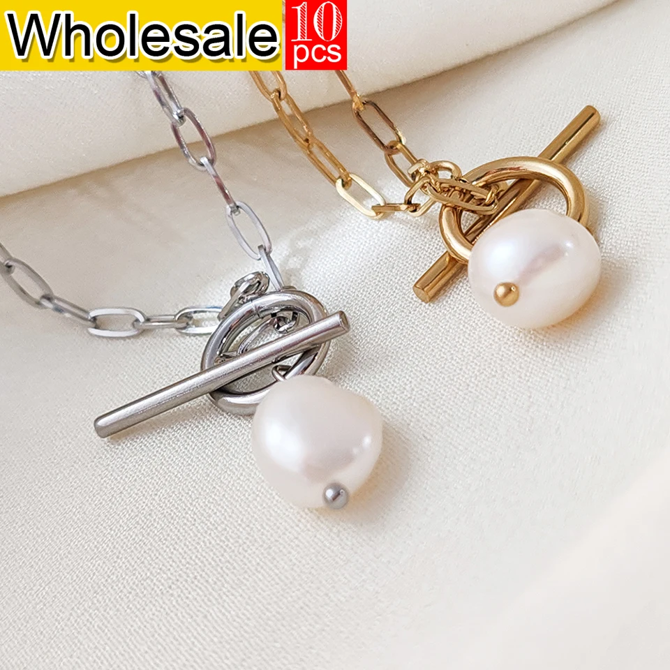 

women 10PCS Freshwater Pearl Pendant Paperclip Necklace Stainless Steel Long Box Square Chain Long Women's Gift Direct sale