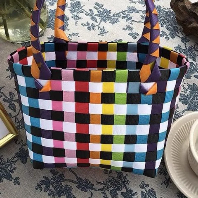 New Woven Bag Small Square Bag Plastic Vegetable Basket Bag Small Color Basket Photo Taking and Beach Bag Handbags for Women