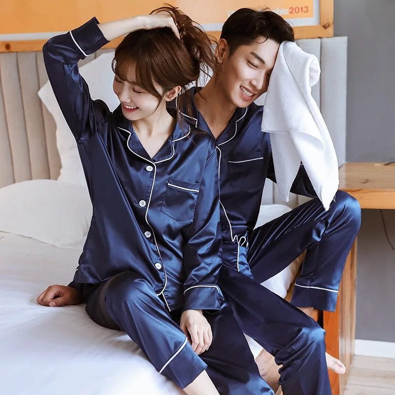 Couples Sleepwear Long Sleeve Ice Silk Home Clothes Polyester Fiber Large Size Men's Women's Matching Sleep Suit Set
