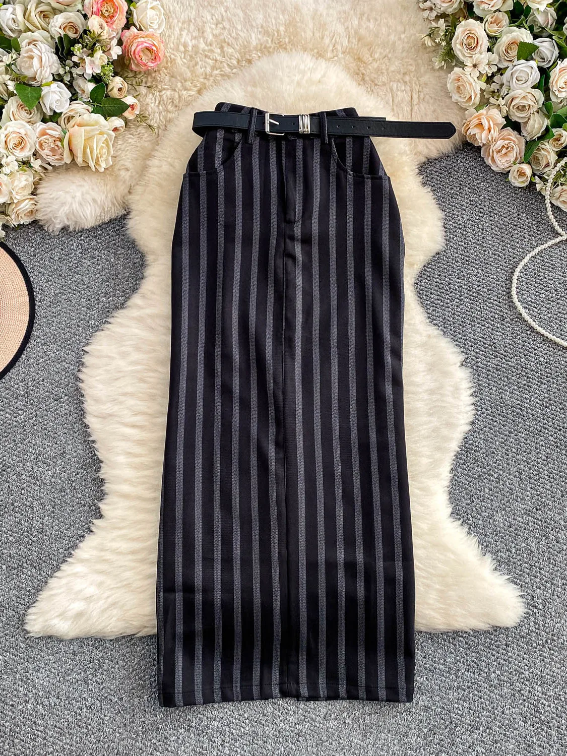 

Slimming High Waist f Body Skirt Women's Faionable Trendy Stripe High Waist Banded Midi Skirt Korean Sle
