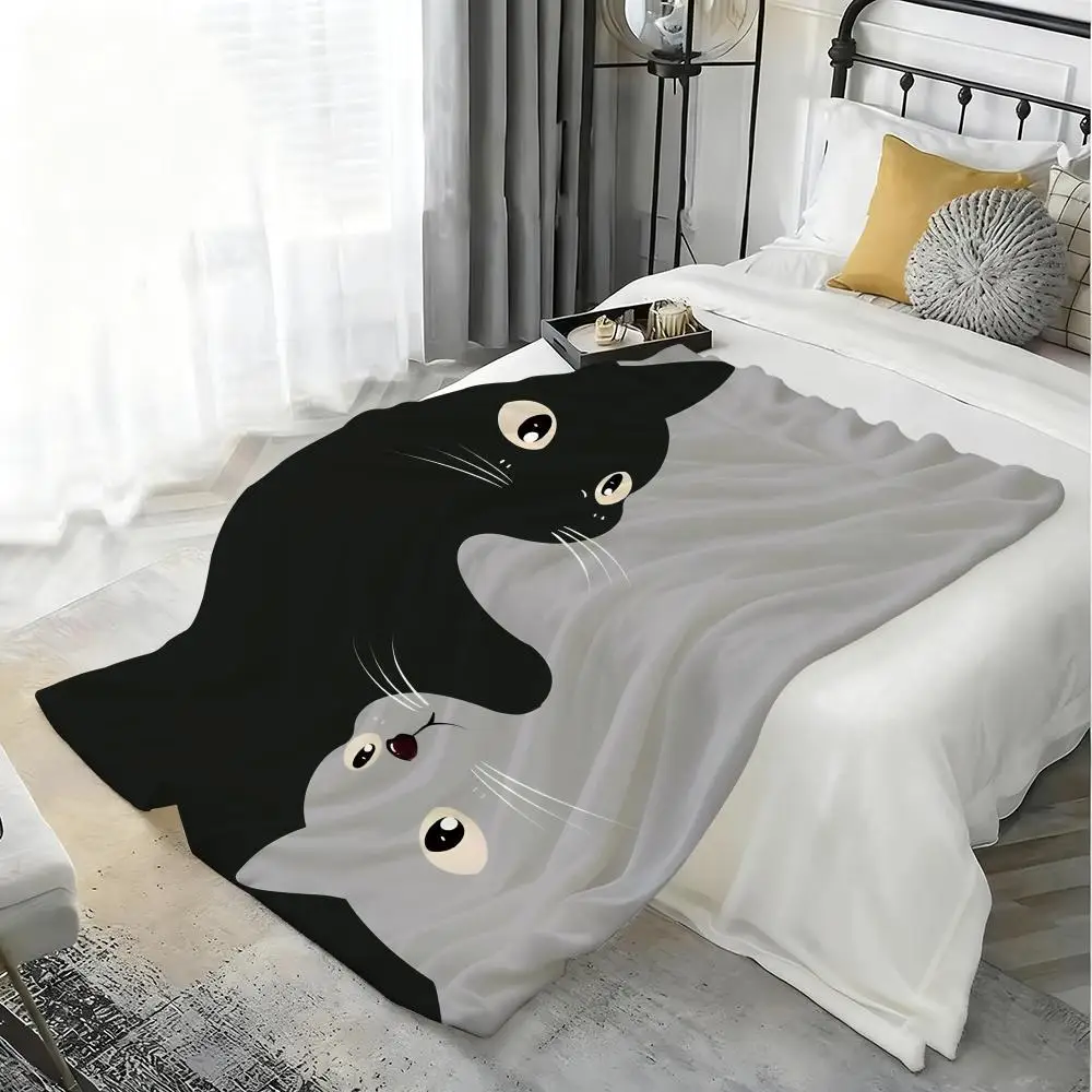 Manta de flanela macia com estampa de gato de desenho animado, manta quente e aconchegante para sofá, escritório, cama, viagens