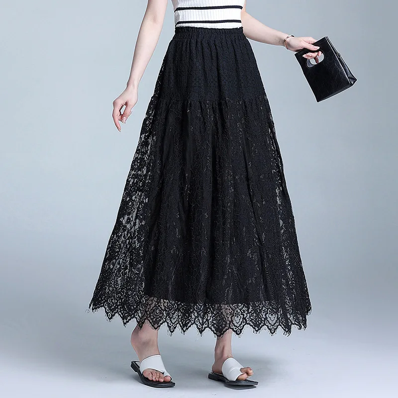 

Heavy Industry Lace White Skirt Women's Spring French Design Feeling Slim A-line Skirt Elastic Waist Mid length Skirt