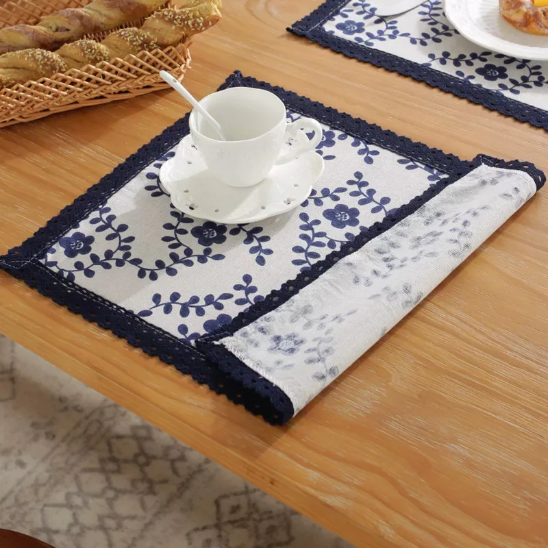 Placemats Table Mat Fabric Blue and White Porcelain Rectangle Washable Dining Table Placement Decor Place Settings Cup Coaster