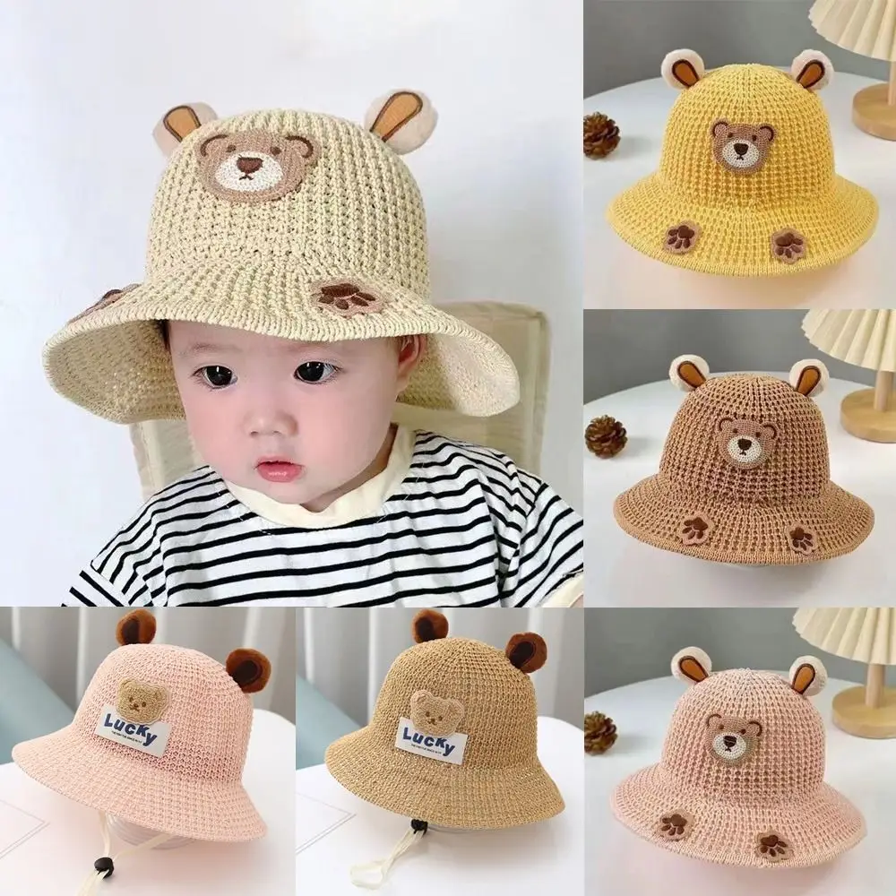 

Cartoon Bear Children Sun Hats With Lacing Pastoral Style Kids Beach Caps Sunshade Sunscreen Fisherman's Hat Summer