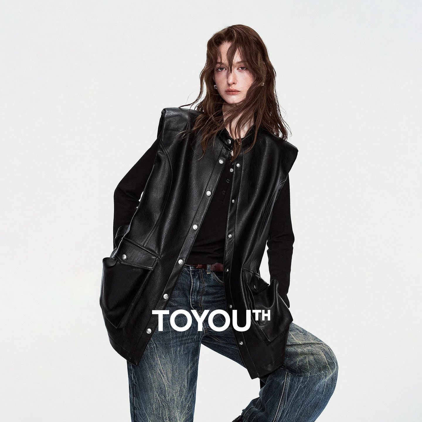 TOYOUTH Women Stand Collar Waist Tie Leather Vest 2026 Winter New Commuter Slim Mid‑Length Outerwear