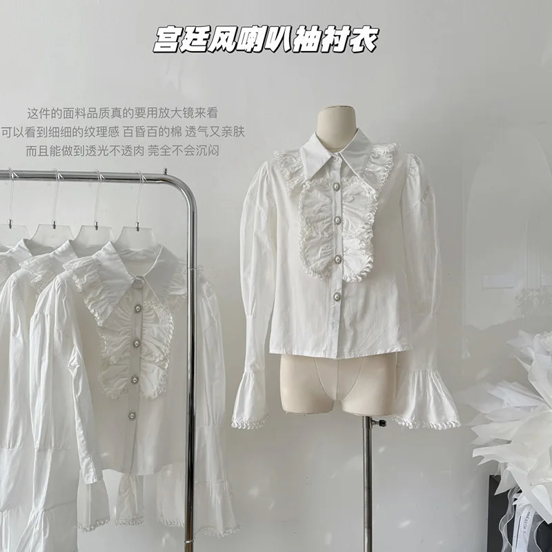 Spring New Women Turn-down Collar Blouse Elegant Palace Style Temperament Shirts Ruffled Flare Sleeve White Shirt