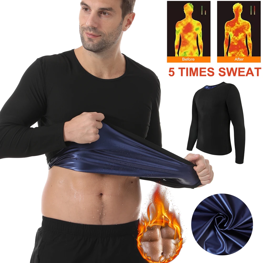 Long Sleeve Men's Sauna Top Gym Exercise Fat Burning T-shirt Round Neck Design 5 Times Sweat Black S-3XL Stretch Sports Clothes