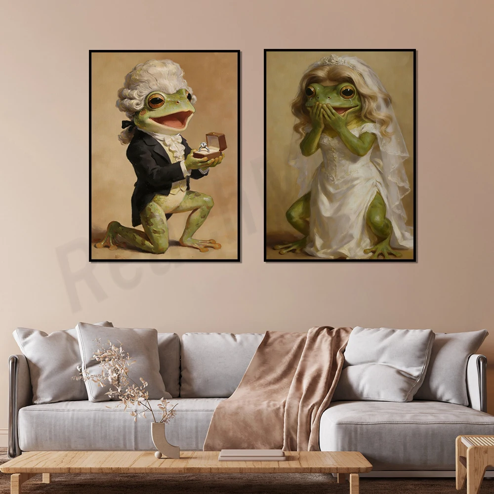 Victorian frog wedding print, proposal canvas oil painting, whimsical engagement gift for bride and groom, unique art poster.