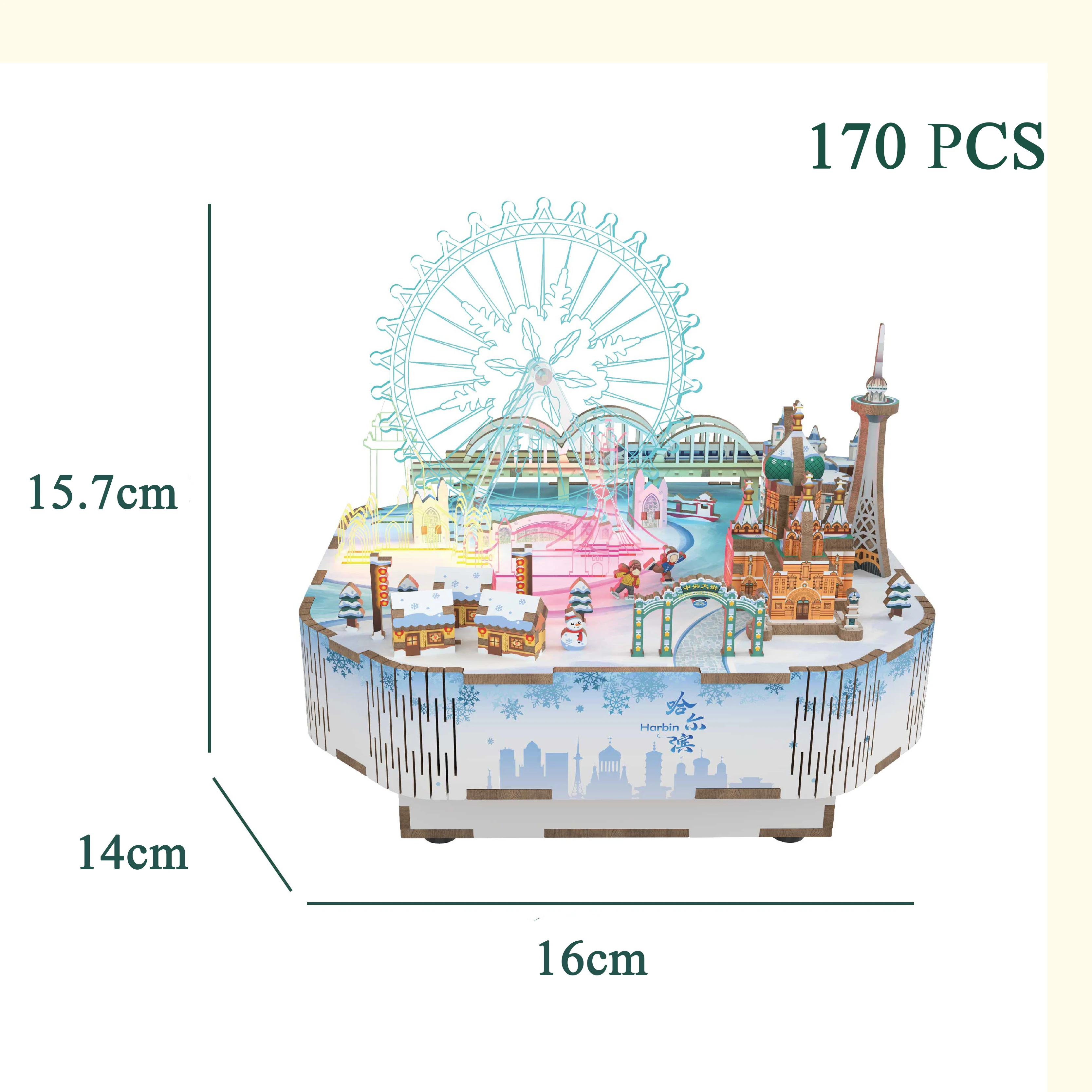 DIY 3D Wooden Snow World Music Box Miniature Model Kits Ferris Wheel Jigsaw Puzzles With Light Can Move for Children Xmas Gifts