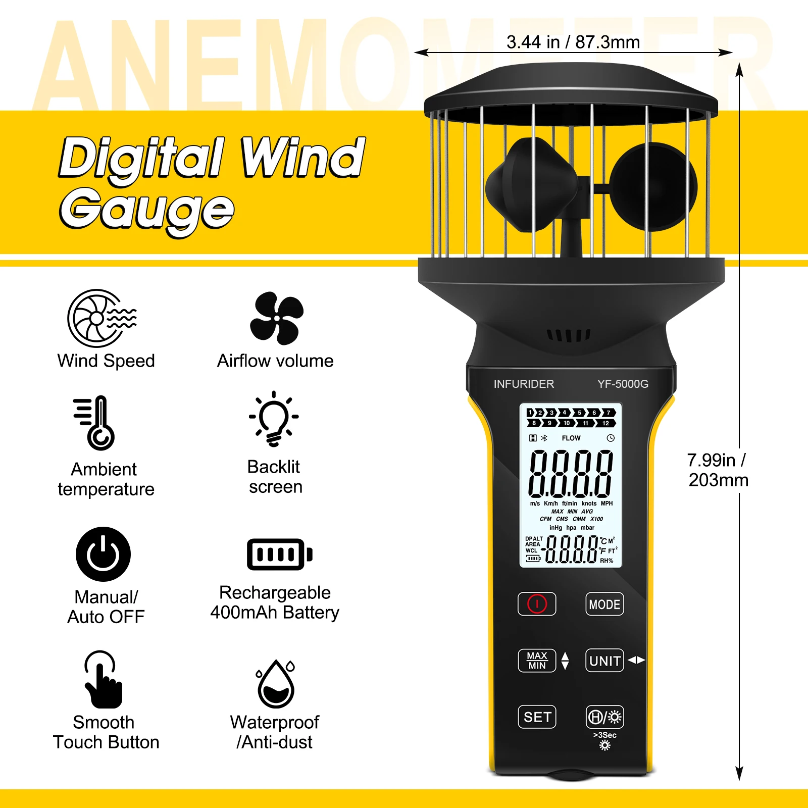 Digital Handheld Cup Anemometer, Rechargeable Wind Speed Meter & CFM Gauge, Dust-Proof Touch Button, Waterproof