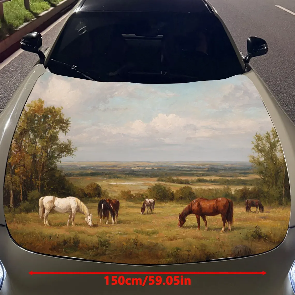 Car Decals Horses Grazing in Countryside Field Car Hood Sticker, Waterproof Self - Adhesive Vinyl Graphics Decals, Decorative Pr