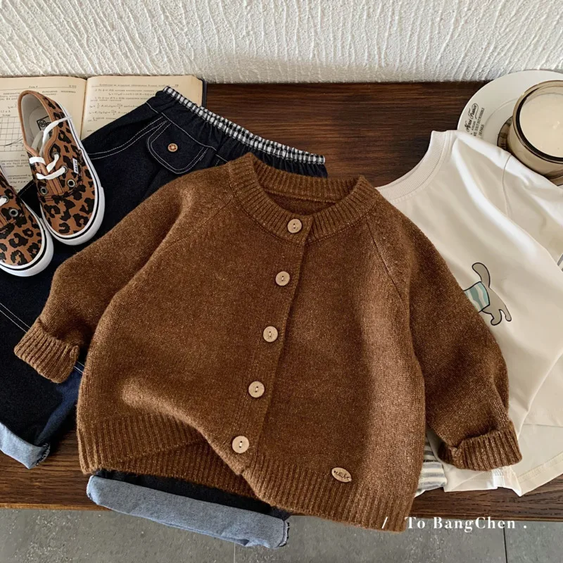 

Осень-зима 2022, шерстяной коричневый теплый детский свитер, вязаный кардиган для мальчиков и девочек, джемпер, нижняя куртка, пальто, наряд для детей 3-10 лет