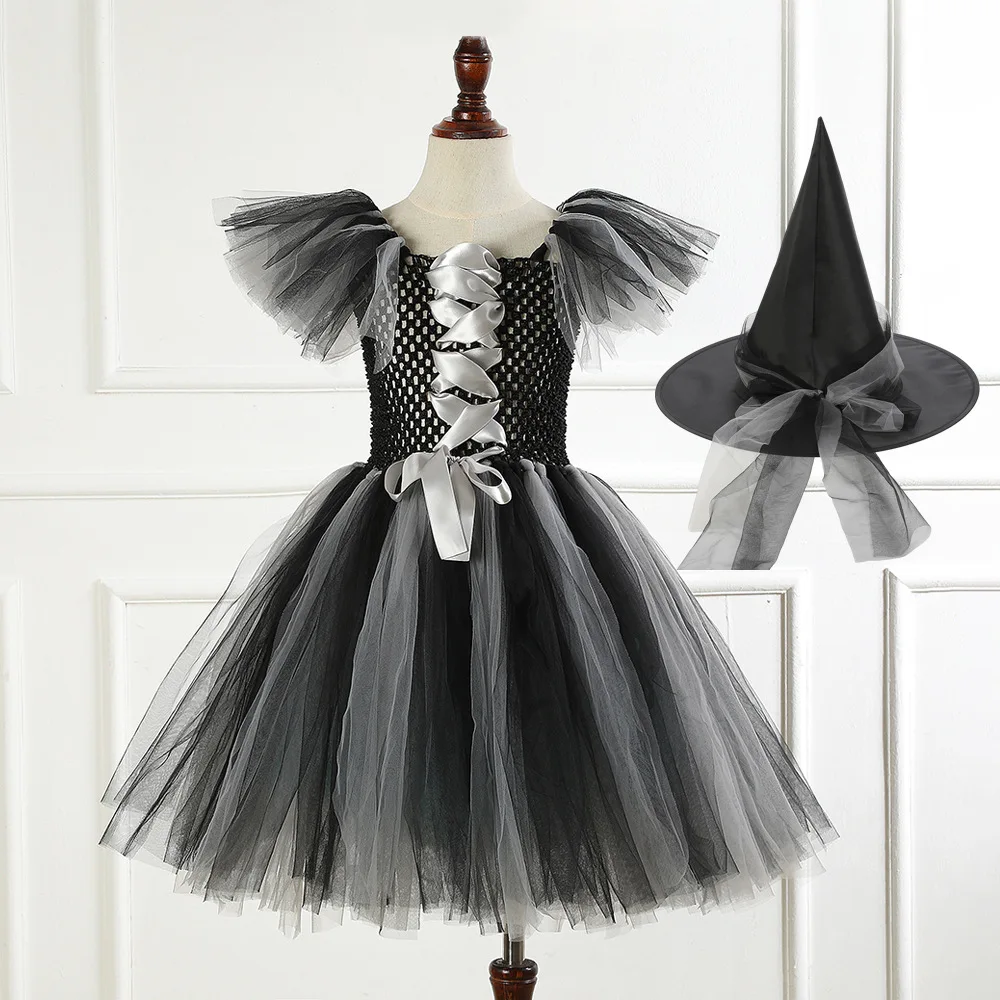 Halloween Girls Dress Cosplay Witch+Hat 2Pcs Suit For 2-12 Years Kids Role-Playing Evil Festival Party Performance Costume