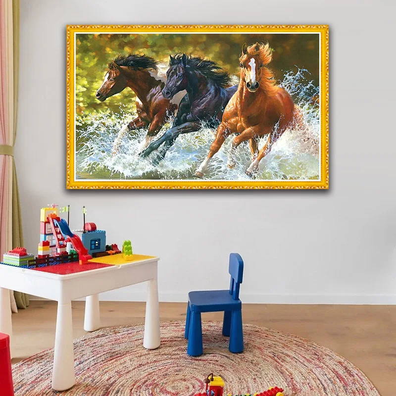 Three steeds running in the water Cross Stitch Kit Canvas Printing Embroidery Set DIY Home Decoration Painting Stitchwork