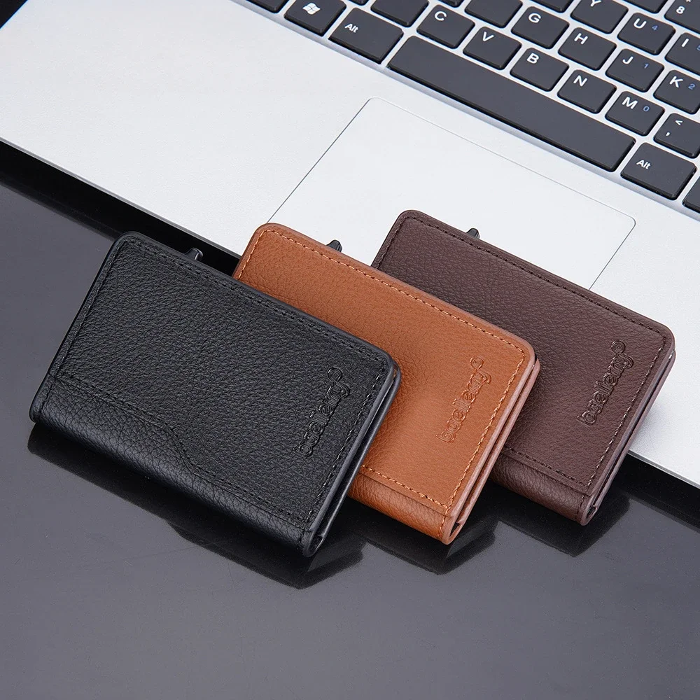 

Simple men's side push automatic RFID card bag business documents storage compact anti-magnetic card holder