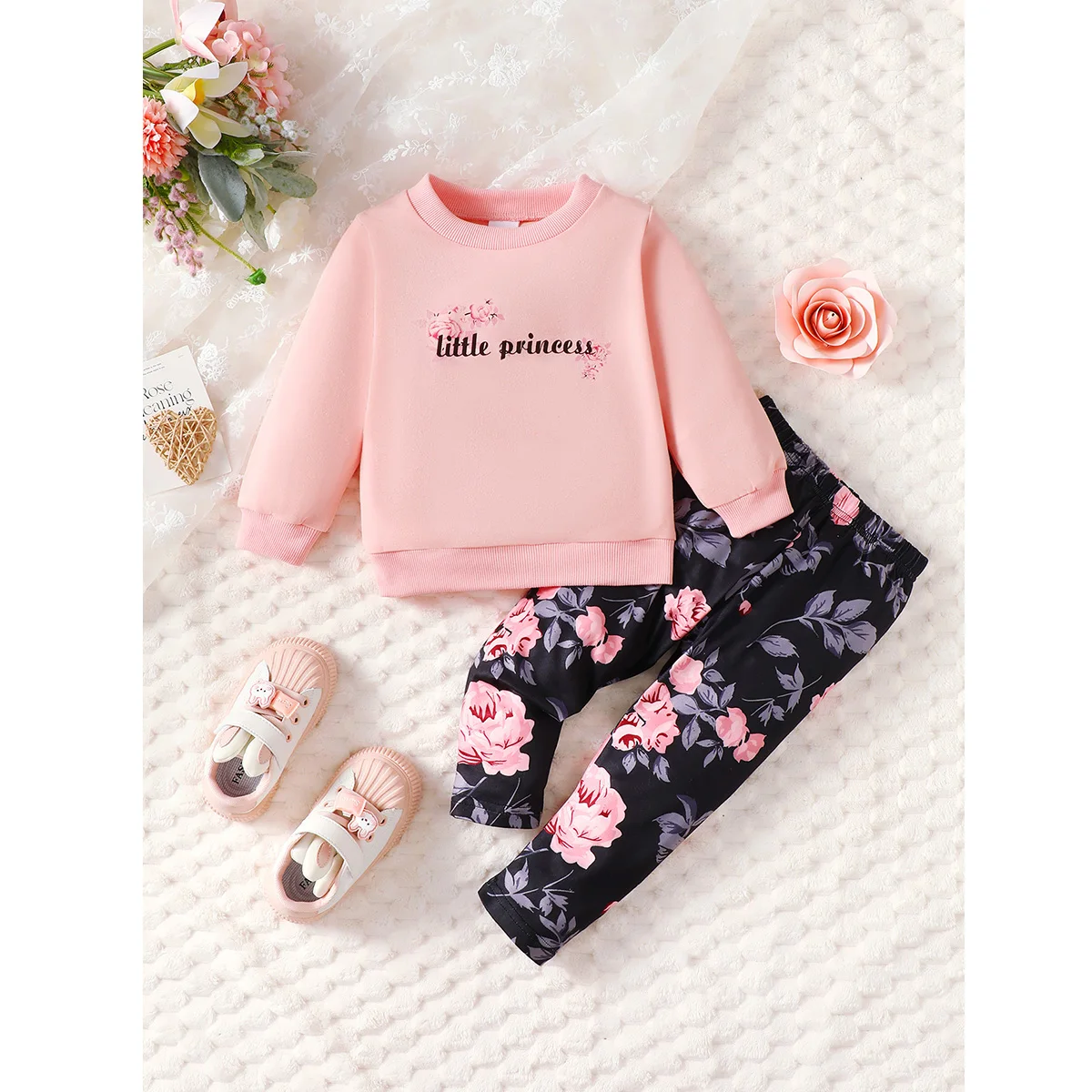 Two piece spring and autumn baby girl fashion casual letter printed pink pullover and floral random printed slim fit pants set