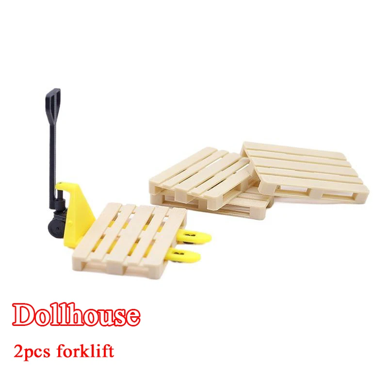 2PCS 1/12 Dollhouse Food And Play Scene Miniature Forklift Mini Simulation Transporter Tray Toy Set For Kids Gift