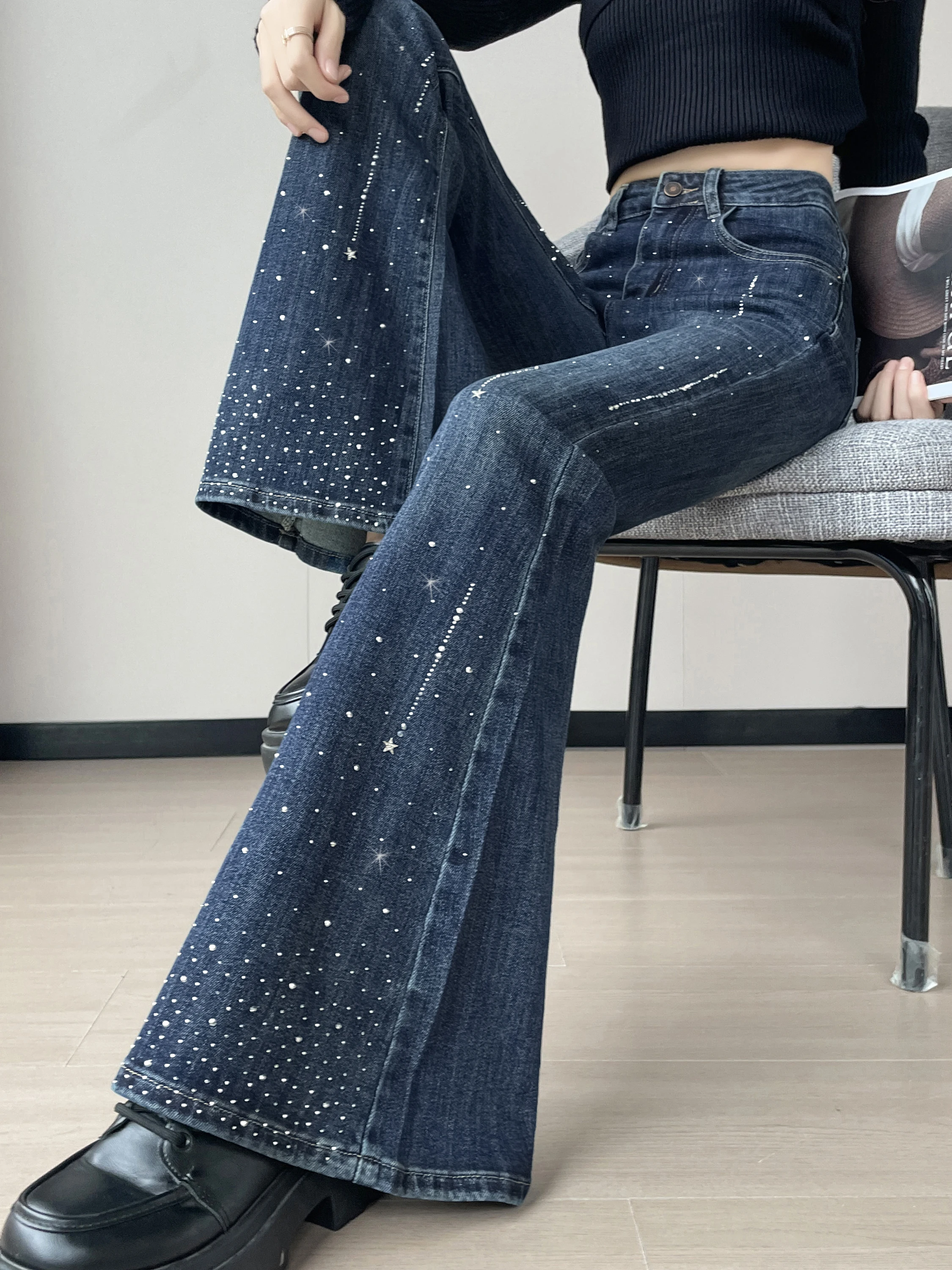 

Американские джинсы-клеш с ретро-дизайном и стразами, женские, осенне-зимние, с высокой талией, утягивающие, узкие, микро-клеш, длинные брюки