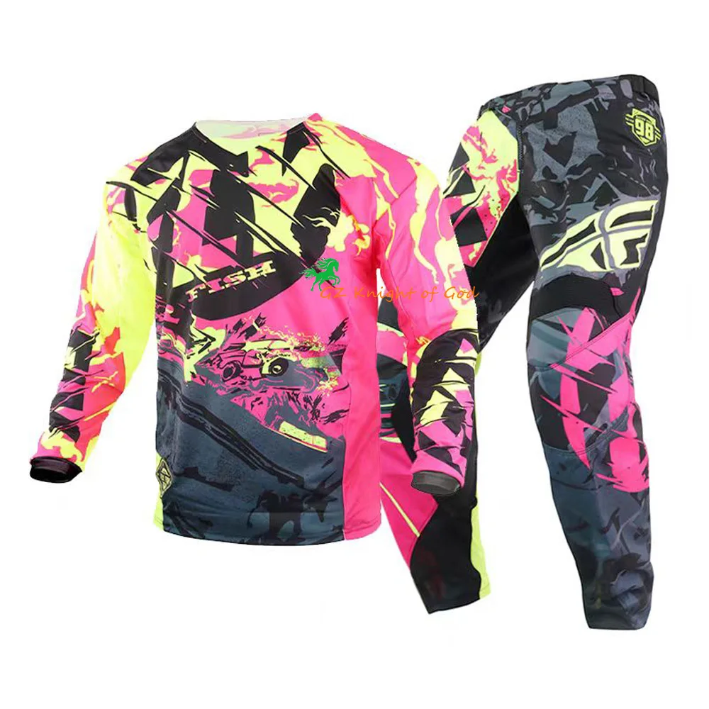 Off-road Fly Fish Kinetic Outlaw Adult Motocross Racing Jersey & Pant Riding Gear Combo Set Kinetic Outlaw MX ATV Neon Pink/Bk