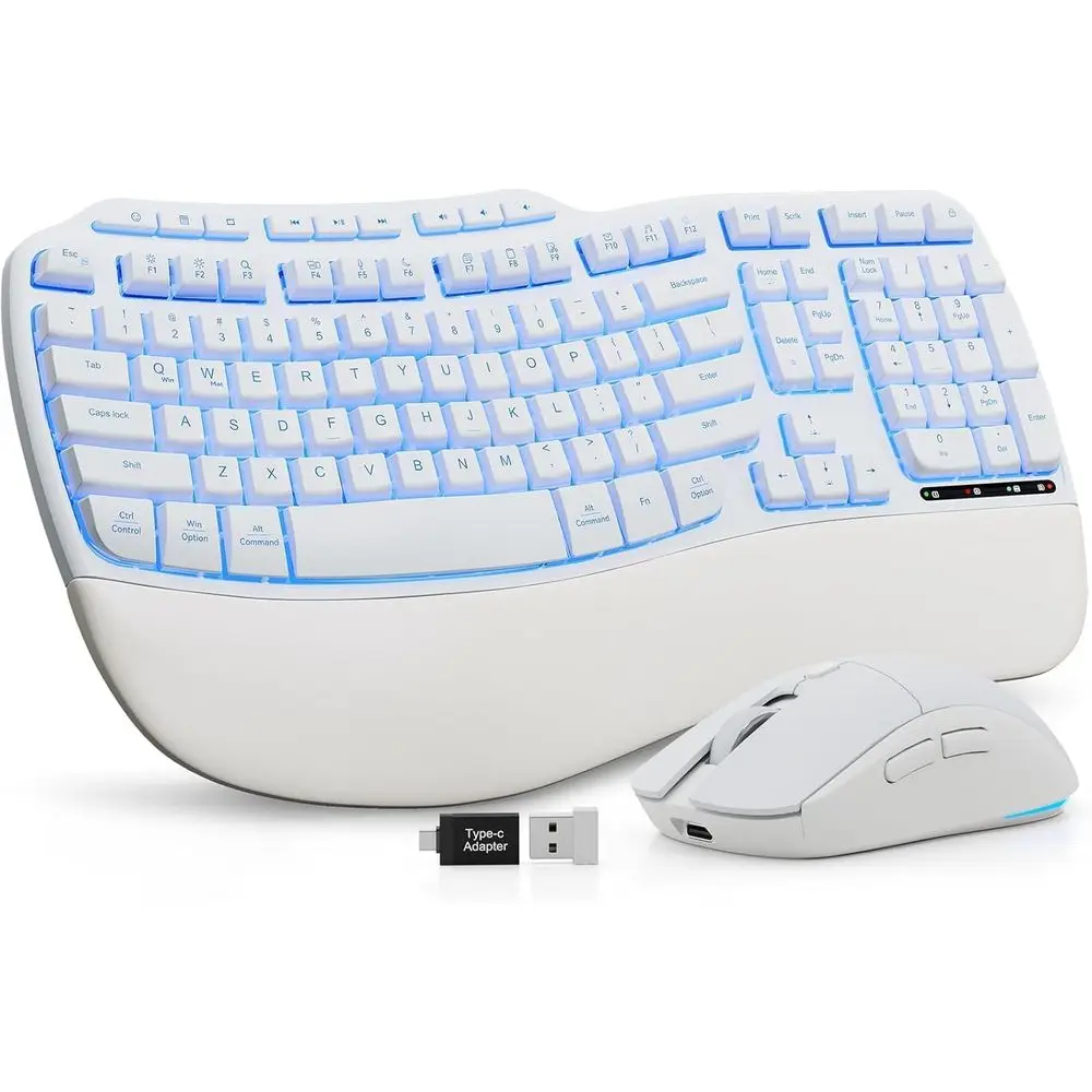 Ergonomic 2.4G Wireless Keyboard and Mouse Set with Illuminated Ergonomic Wave Keyboard and Silent Mouse for Computer/Laptop/Win