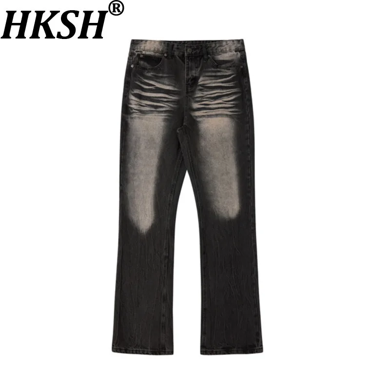 

HKSH Spring Autumn New Men's Washed Vintage Distressed Pleated Jeans Fit Casual Trendy Elegant Fashion Dark Denim Pants HK14118