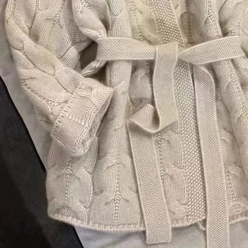 Loose Beige Striped Sweater Women Autumn New  Lazy V-neck Lace-up Wool Knitted Cardigan Jacket Korean Mid Long Knitwear