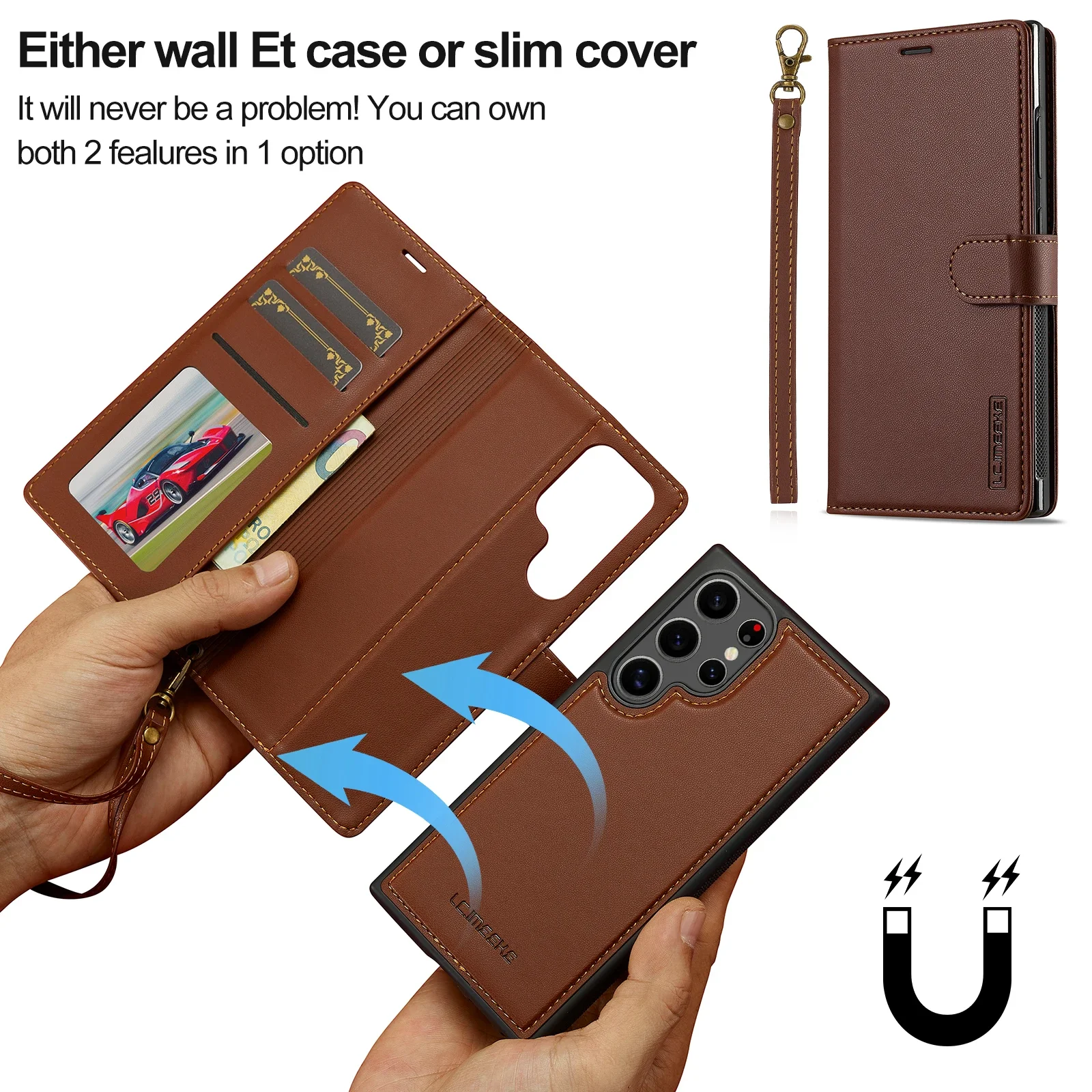 Skórzane etui z klapką i magnetycznym zamknięciem do Samsunga S26/S25/S24 Ultra/S23/S22 Plus/S21 FE A17/A16/A36/A56/A15/A35/A55/A54/A34