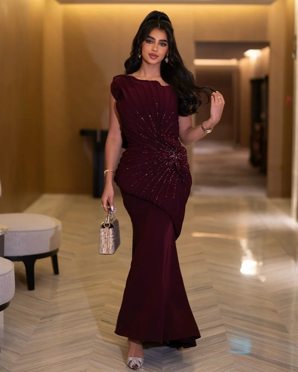 

Customized Modern Style Fashion Jersey Sequined Pleat Mermaid Off-the-shoulder Ankle Length Dresses Bespoke Occasion Dresses