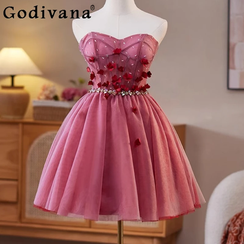 

Elegant Sweet Pink Lace-up Gauze Flower Beads Strapless Engagement Dress Temperament Girls Party Korean Short Princess Dresses