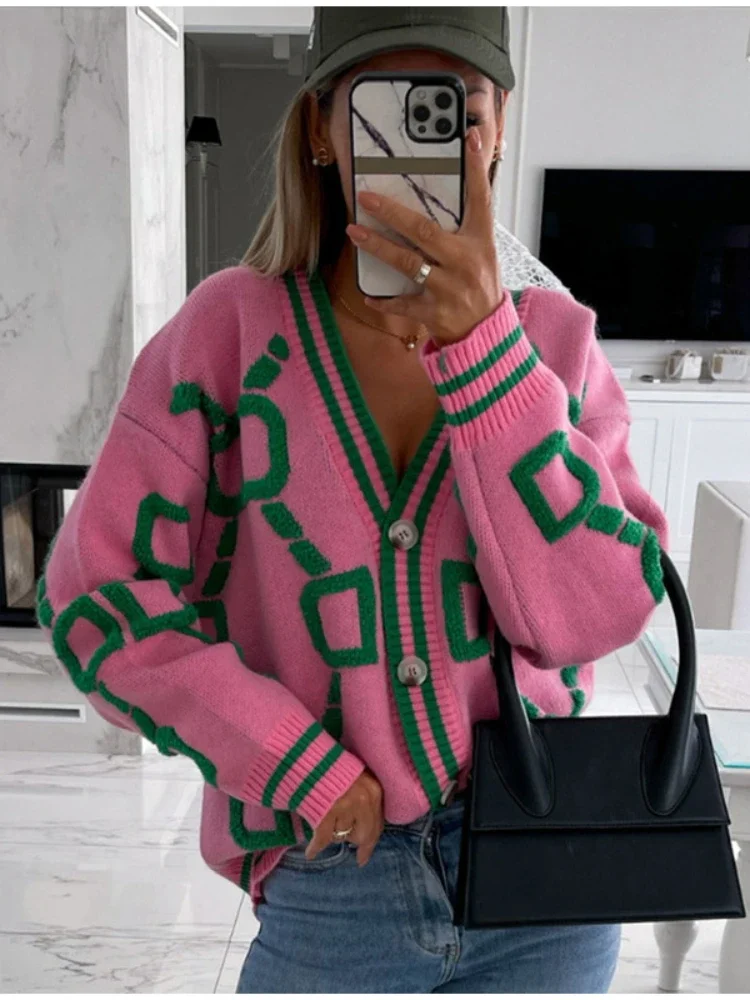 

Women Knitted Cardigan V Neck Sweater Coat Pink Striped Button Vintage Cardigans 2023 Autumn Winter Loose Casual Jumper Tops