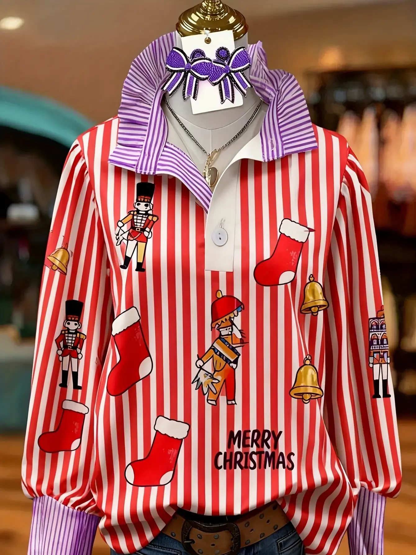 

Spring and Autumn Winter New Women's Stand up Collar Shirt Long Sleeve, Red and white striped pattern